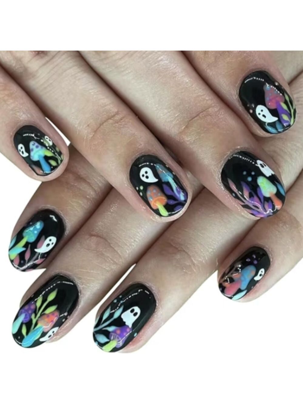 2/$10 Black Halloween Ghost & Mushroom False Nail Set